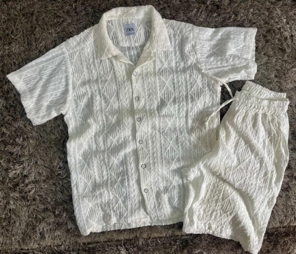 Men's 2 Piece Textured Outfits Beach Button Down Short Sleeve Shirt and Short Sets - Image 4