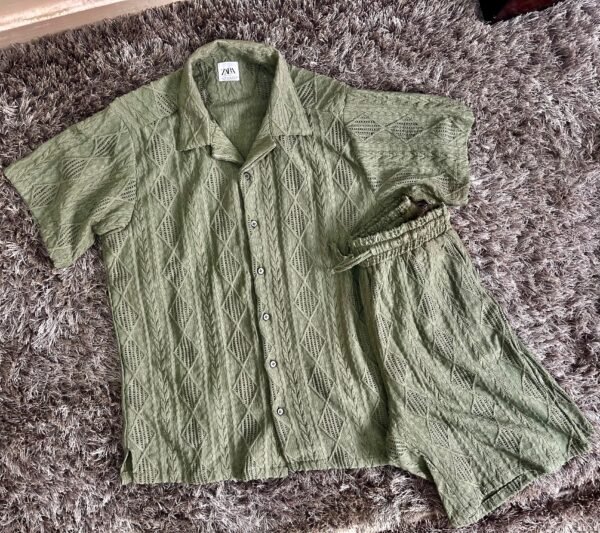 Men's 2 Piece Textured Outfits Beach Button Down Short Sleeve Shirt and Short Sets - Image 3