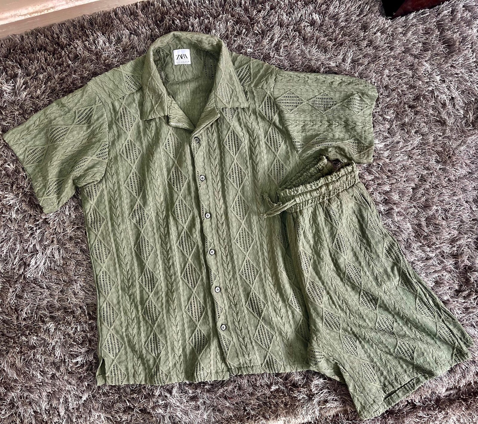 Men's 2 Piece Textured Outfits Beach Button Down Short Sleeve Shirt and Short Sets - Image 3