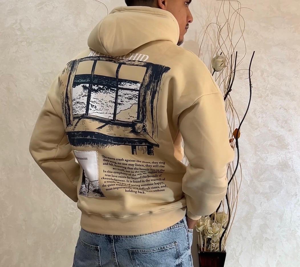 Mens Hoodies Beige Oversized Cotton Sweatshirt