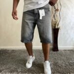 Baggy Jean Shorts for Men Casual Loose Fit Hip Hop Denim Shorts GRISE